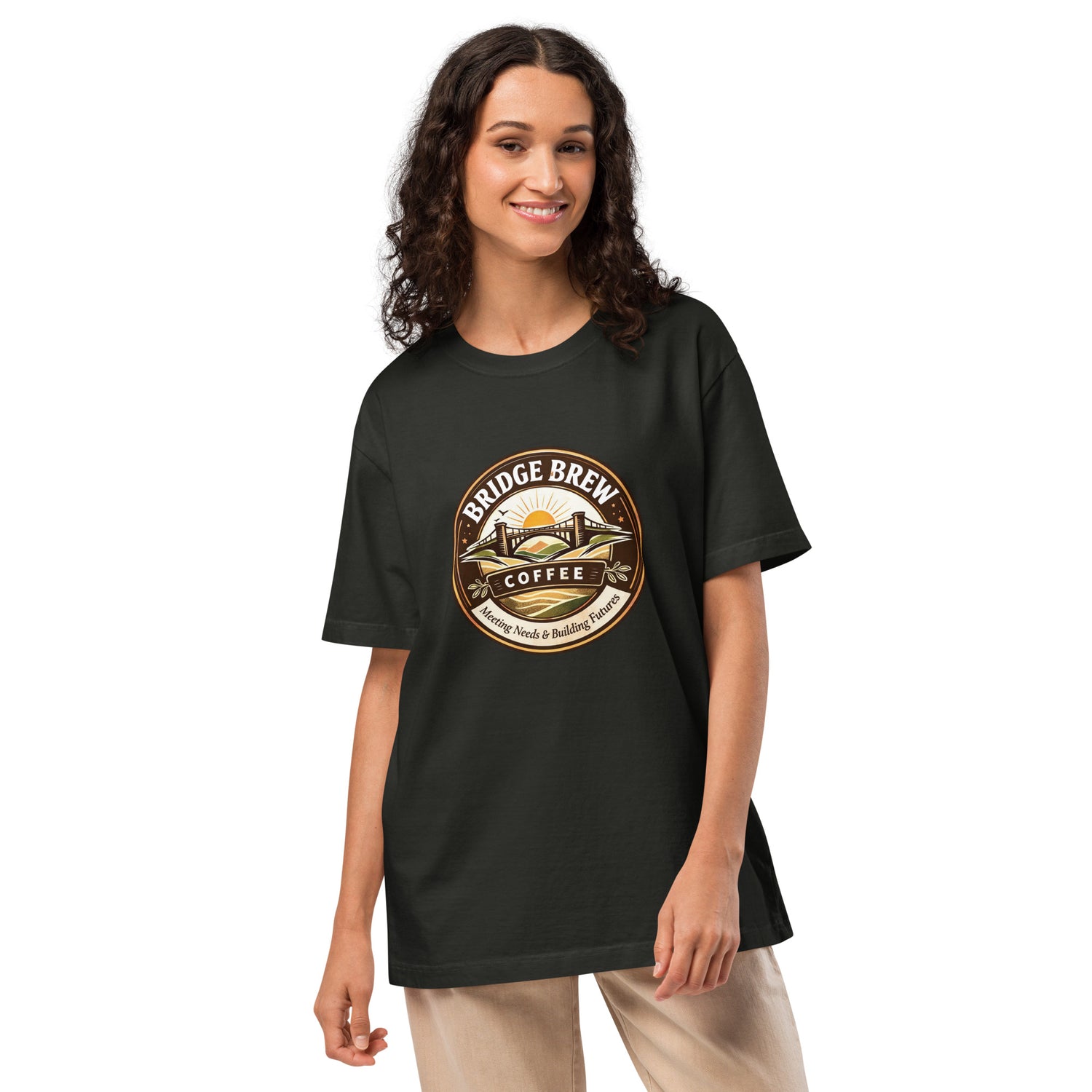 Bridge Brew Coffee Co. unisex oversized tee with front graphic, relaxed fit